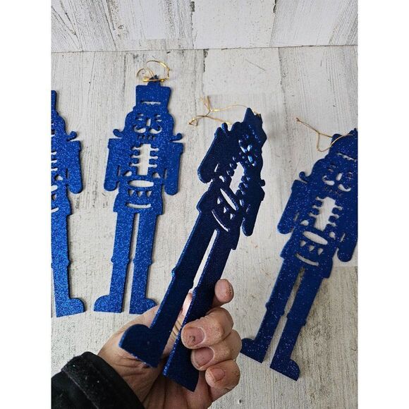 Large blue glitter nutcracker ornament soldier vintage Xmas set - Picture 5 of 7